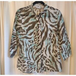 Alfred Dunner Women's Petite Gray/Turquoise Zebra Pattern Button Up‎ Top Size 8P